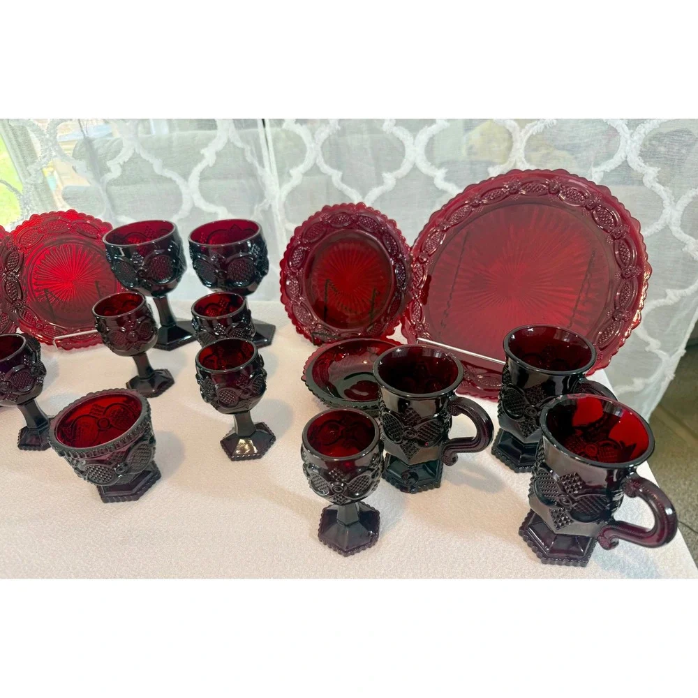 Vintage Avon 1876 Ruby Red Glass Dinnerware Set Plates Mugs Goblets Bowls